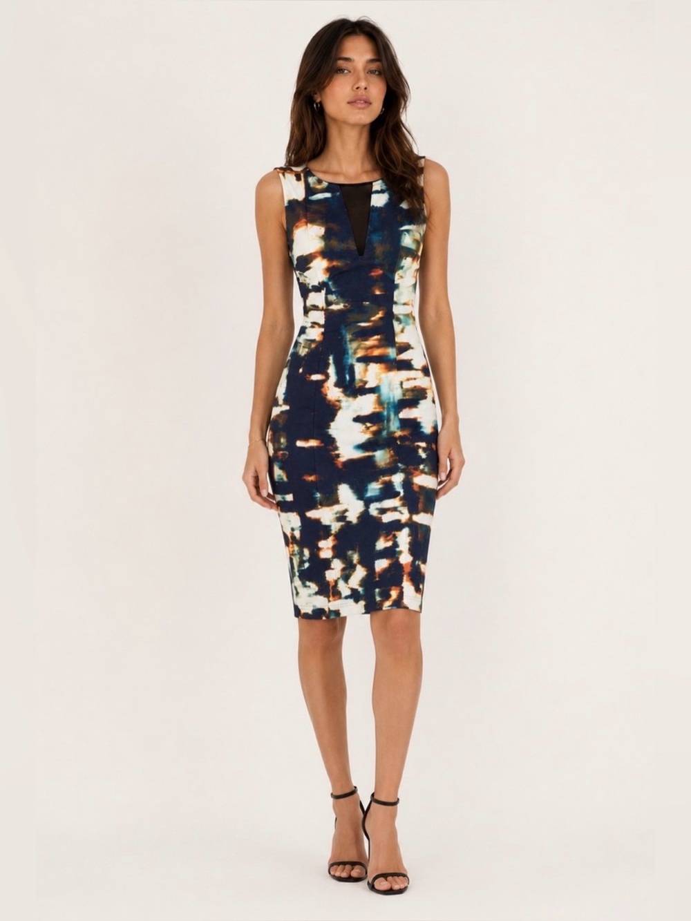 Karen Millen Abstract Print Sheath Dress Open Back Mesh Panel Size 4 Minimalist